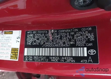 2008 Toyota Prius from USA, damaged, VIN JTDKB20U483384361